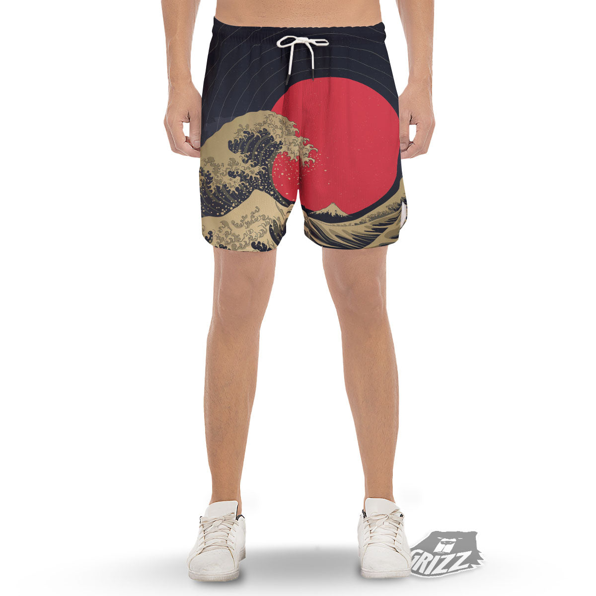 Kanagawa Wave Golden Print Men's Gym Shorts-grizzshop