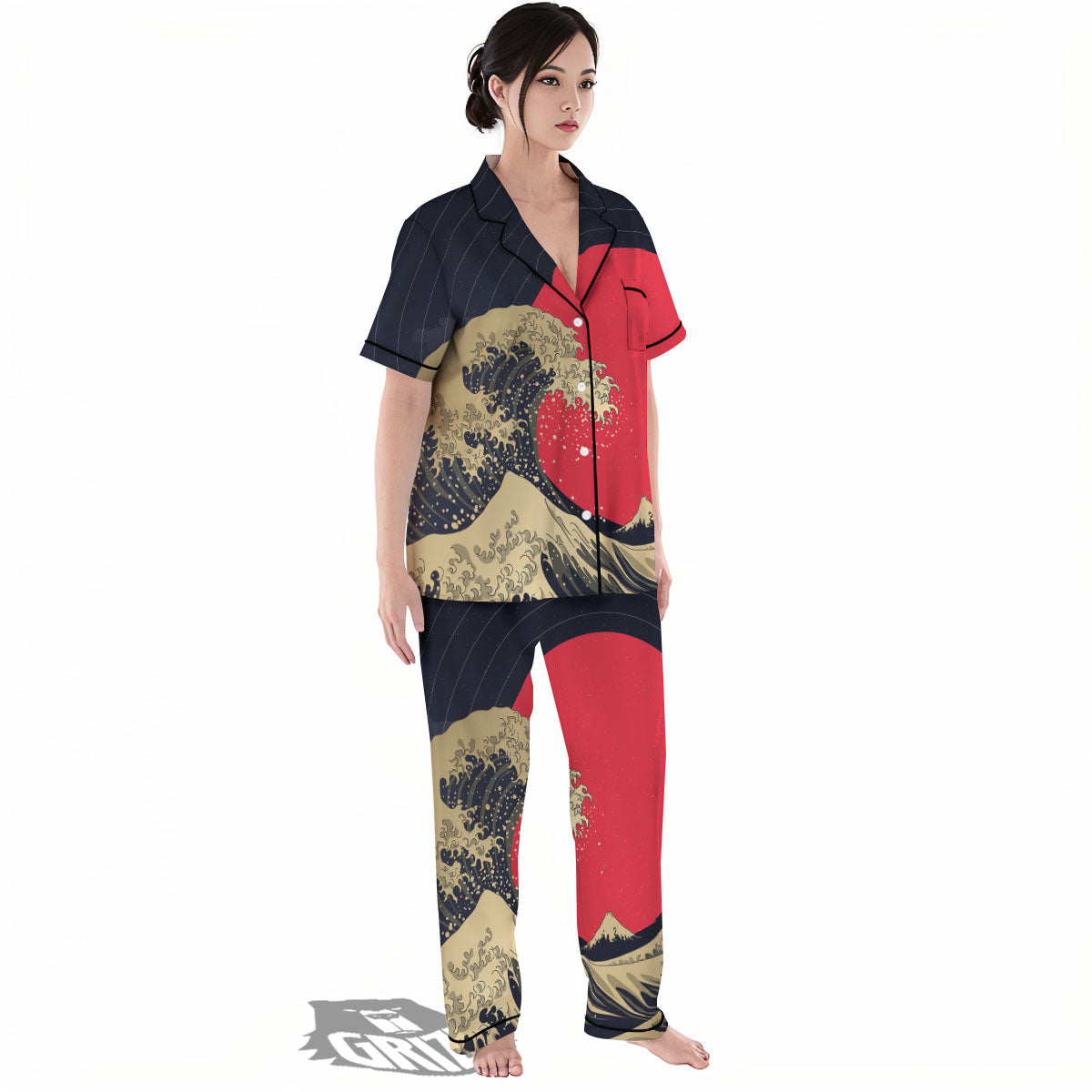 Kanagawa Wave Golden Print Women's Pajamas Set-grizzshop