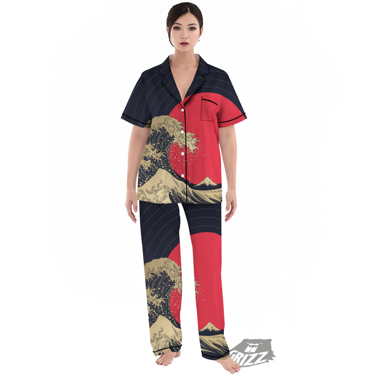 Kanagawa Wave Golden Print Women's Pajamas Set-grizzshop