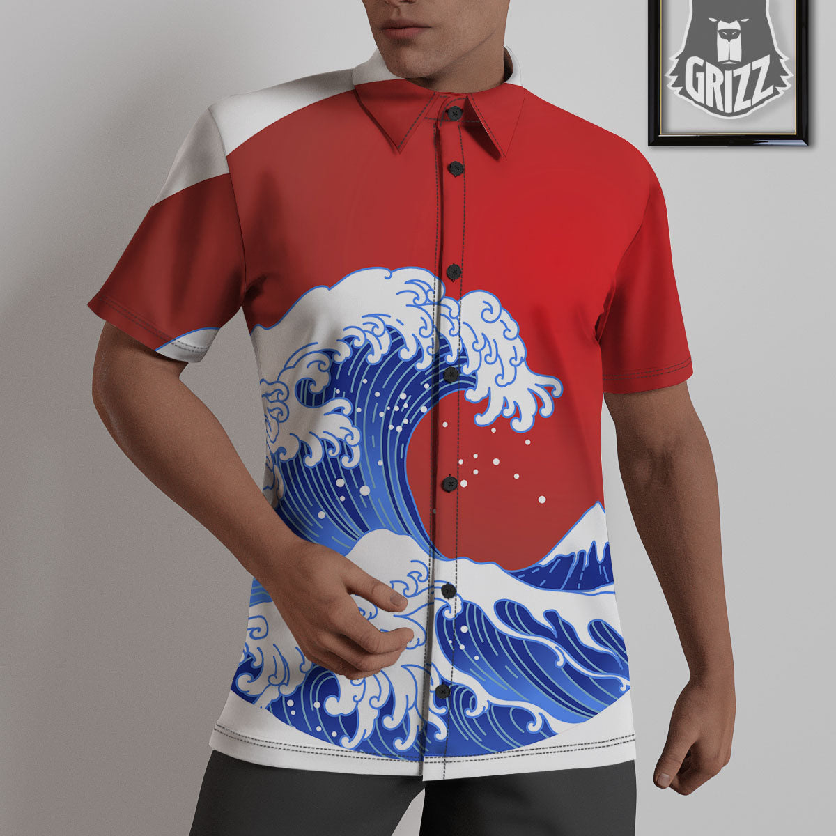 Kanagawa Wave Japanese Print Untucked Shirts-grizzshop