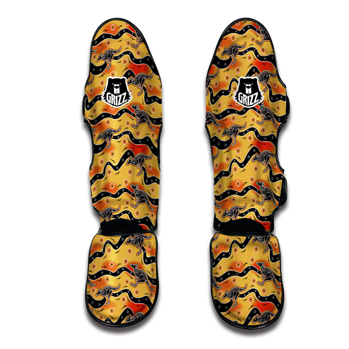 Kangaroo Aboriginal Orange Print Pattern Muay Thai Shin Guards-grizzshop