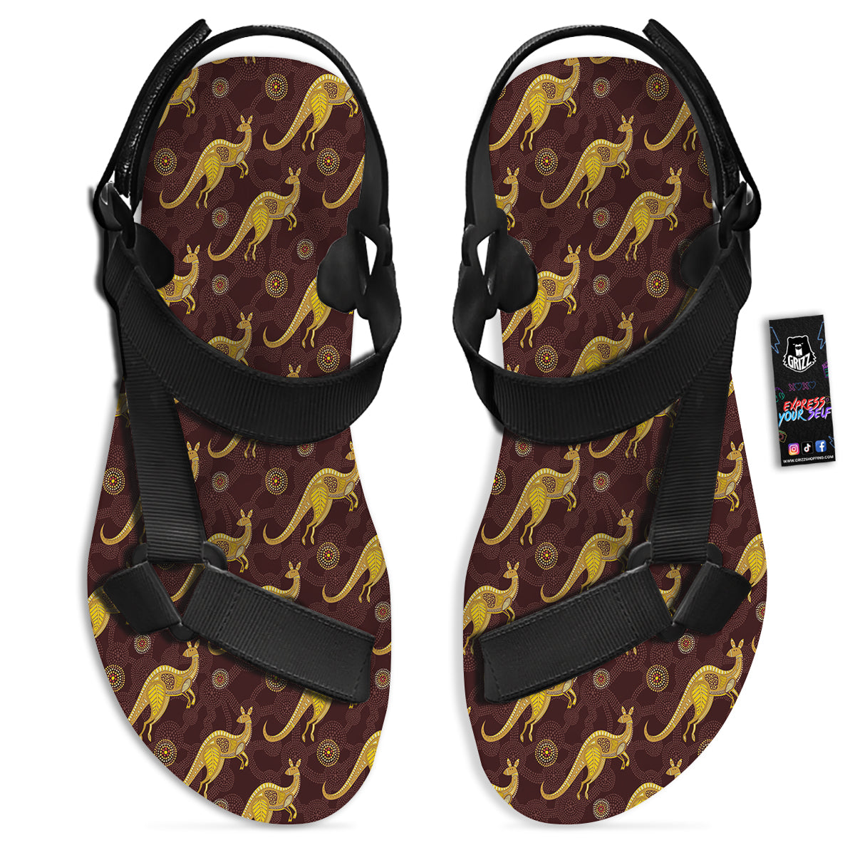 Kangaroo Aboriginal Print Pattern Black Open Toe Sandals-grizzshop