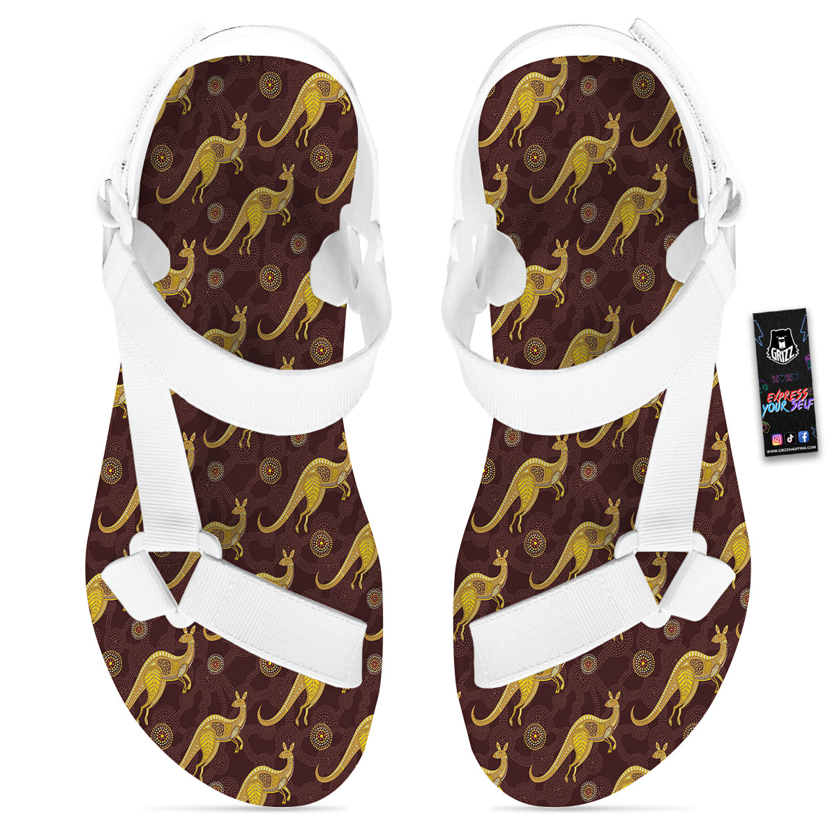 Kangaroo Aboriginal Print Pattern White Open Toe Sandals-grizzshop