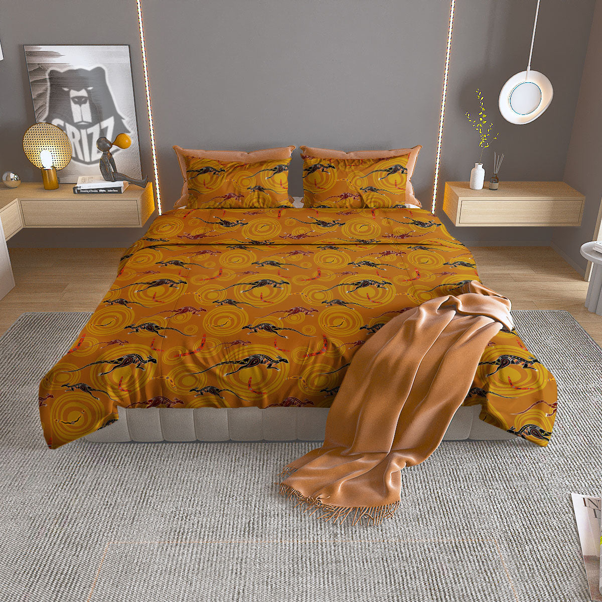 Kangaroo And Boomerang Aboriginal Print Duvet Cover Bedding Set