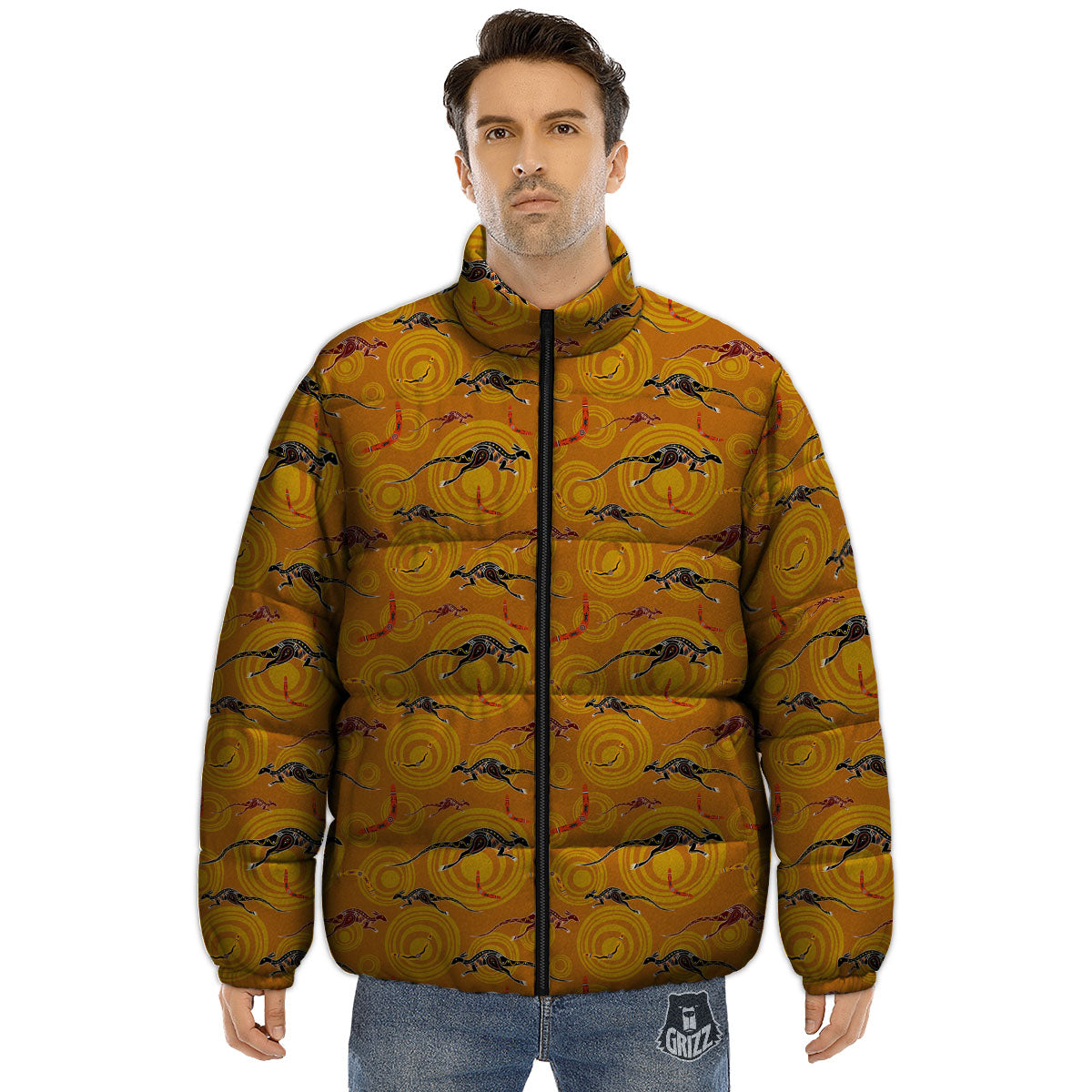 Kangaroo And Boomerang Aboriginal Print Puffer Jacket-grizzshop