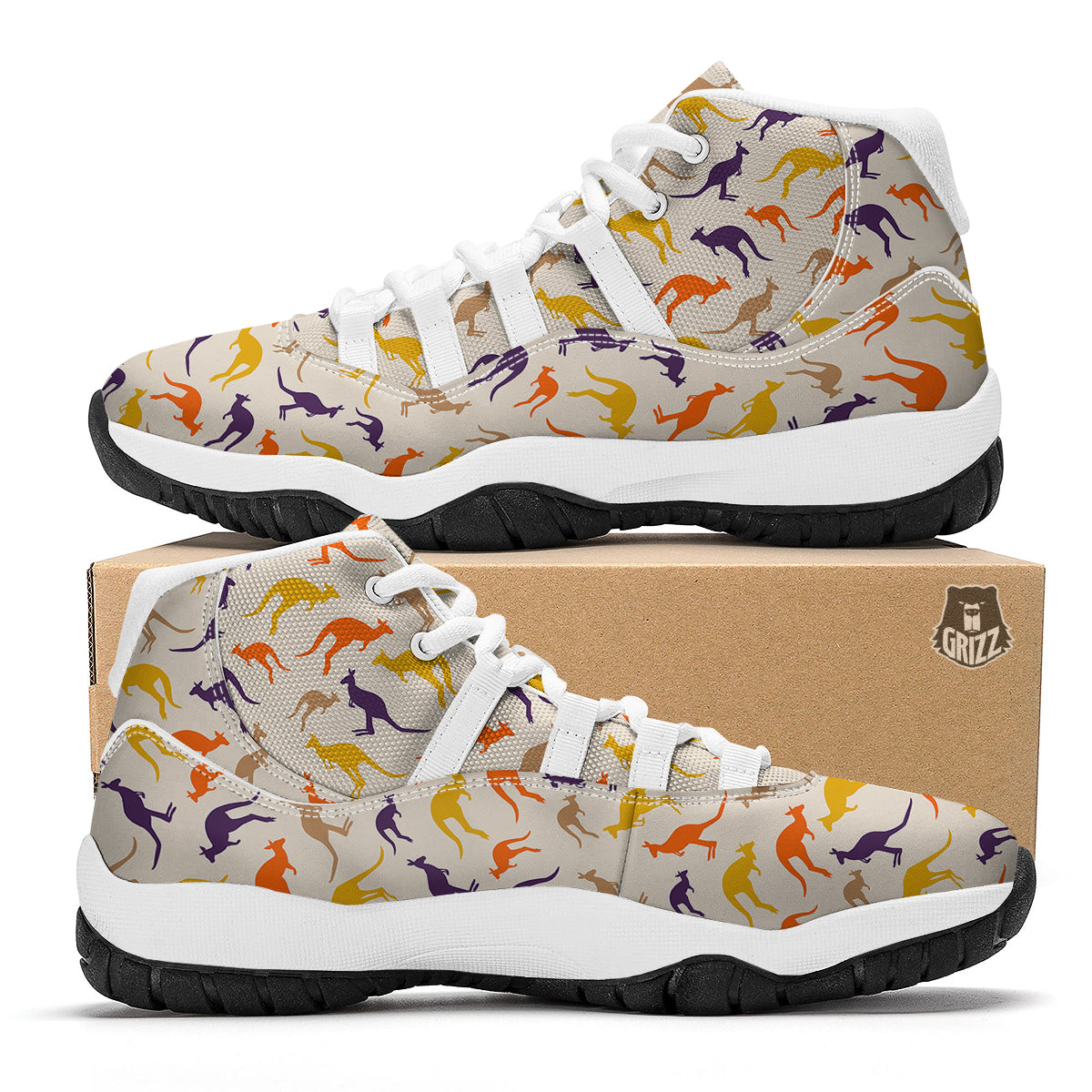Kangaroo Beige And Colorful Print Pattern White Bball Shoes-grizzshop