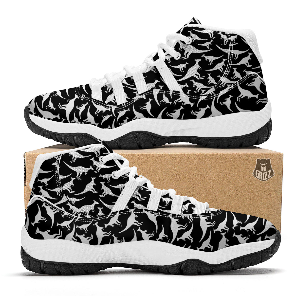 Kangaroo Black And White Print Pattern White Bball Shoes-grizzshop