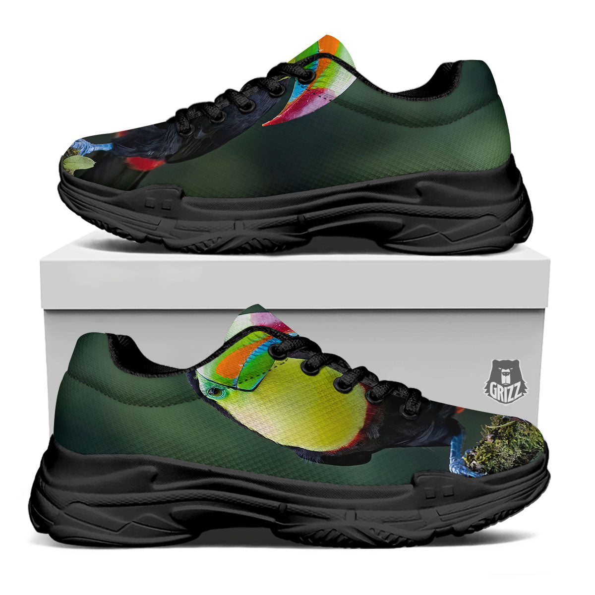 Keel-Billed Toucan Print Black Chunky Shoes-grizzshop