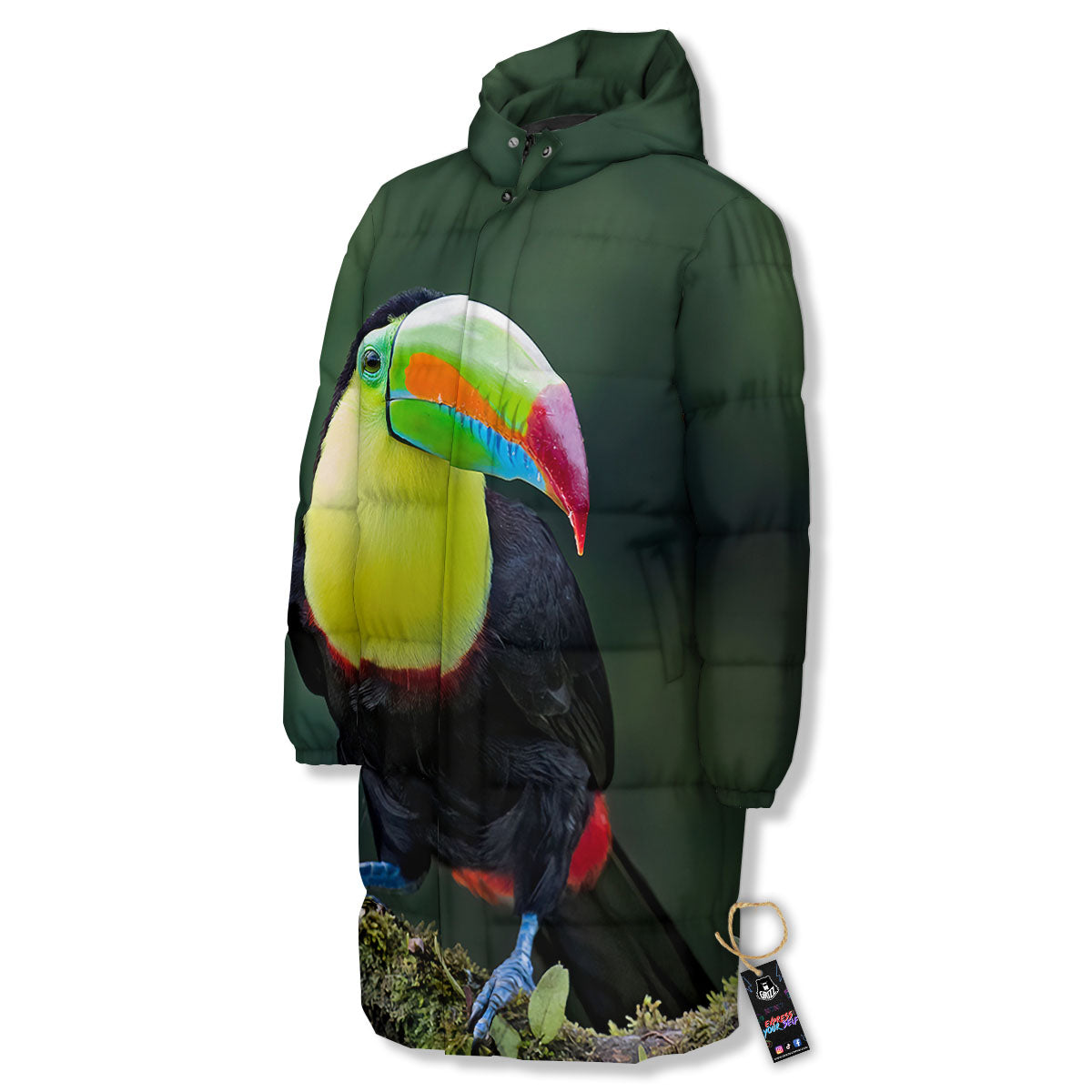 Keel-Billed Toucan Print Long Down Jacket-grizzshop