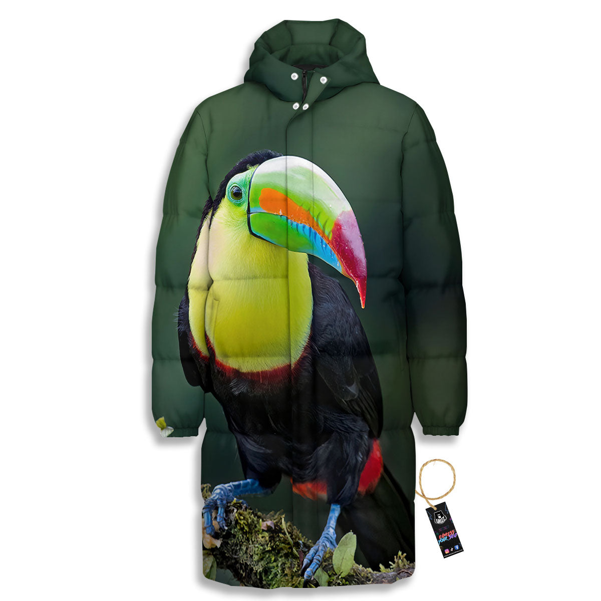Keel-Billed Toucan Print Long Down Jacket-grizzshop