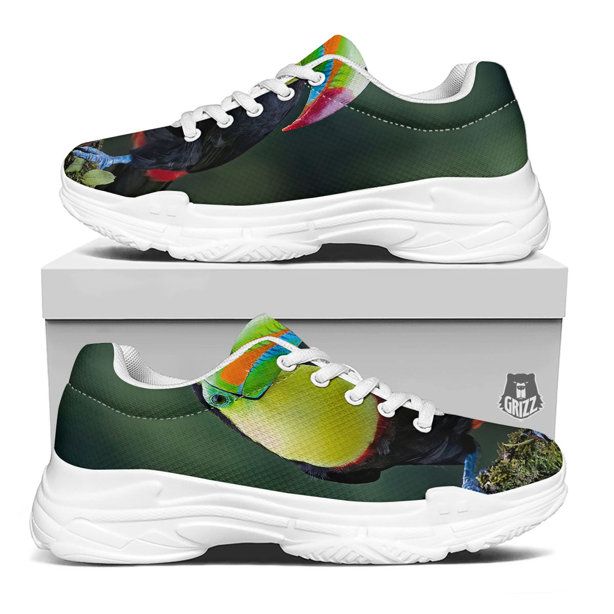 Keel-Billed Toucan Print White Chunky Shoes-grizzshop