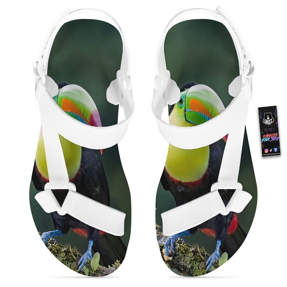 Keel-Billed Toucan Print White Open Toe Sandals-grizzshop