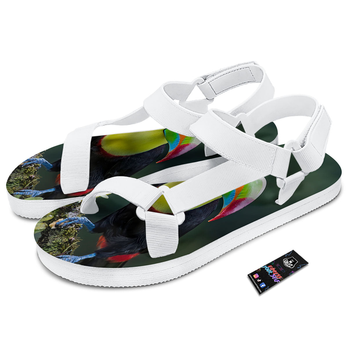 Keel-Billed Toucan Print White Open Toe Sandals-grizzshop