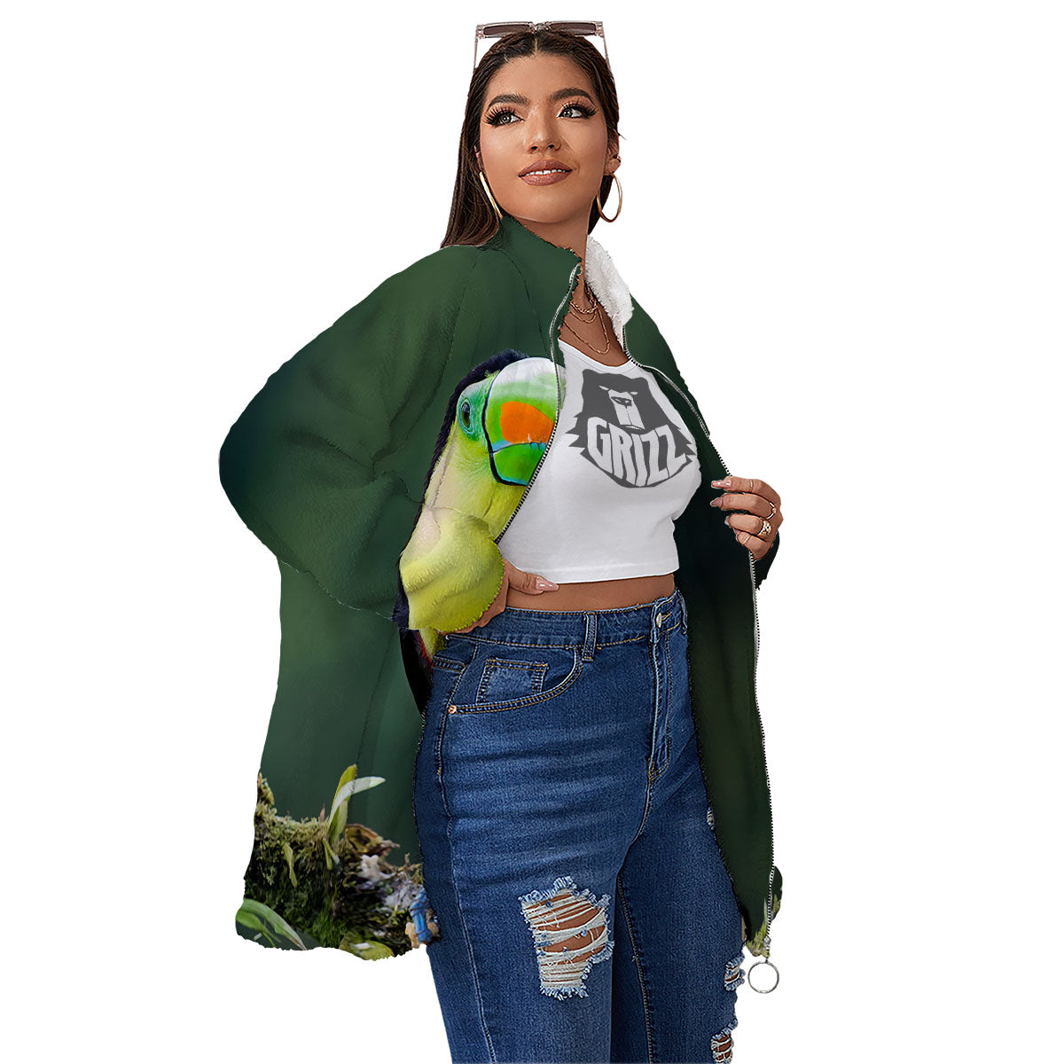 Keel-Billed Toucan Print Women's Sherpa Jacket-grizzshop
