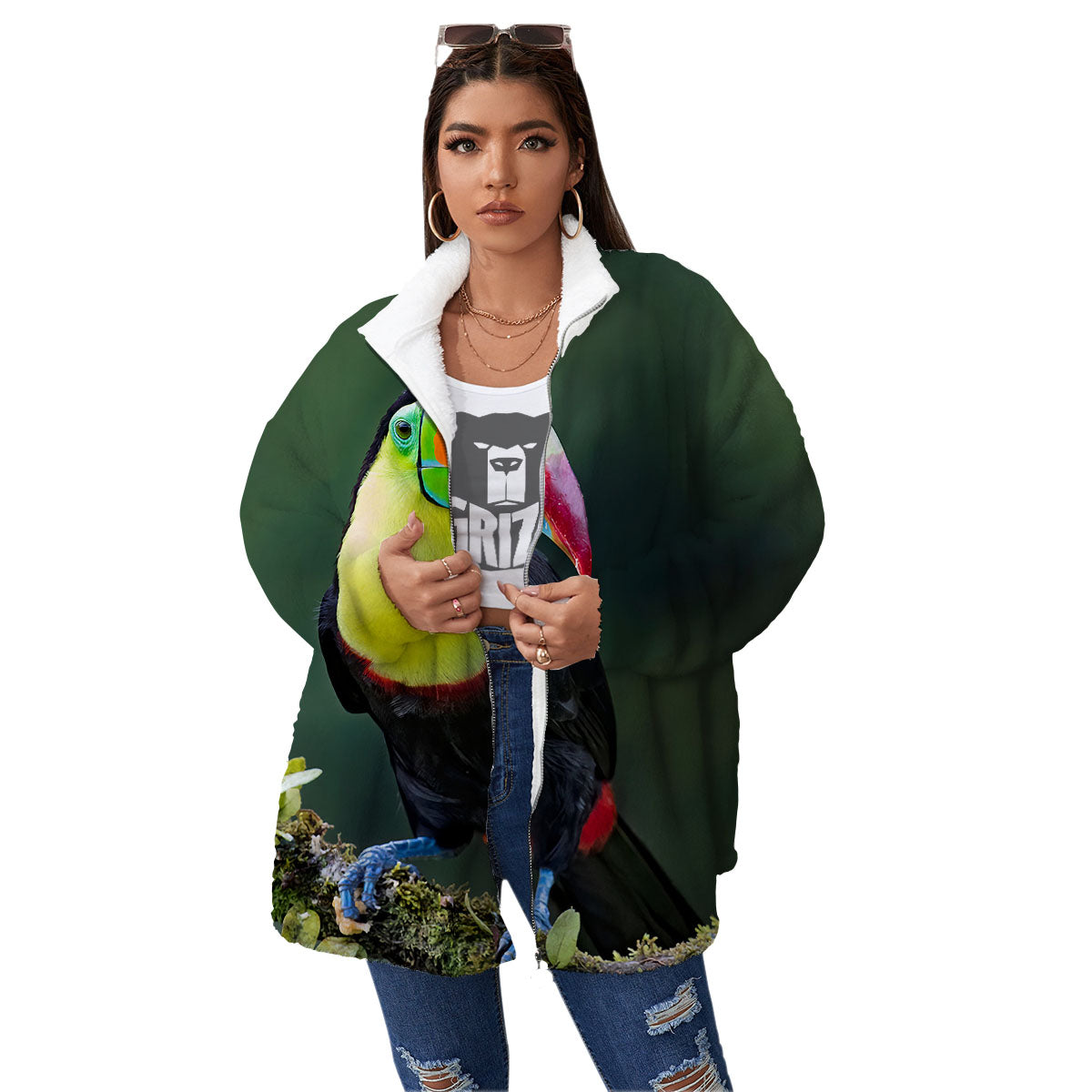 Keel-Billed Toucan Print Women's Sherpa Jacket-grizzshop