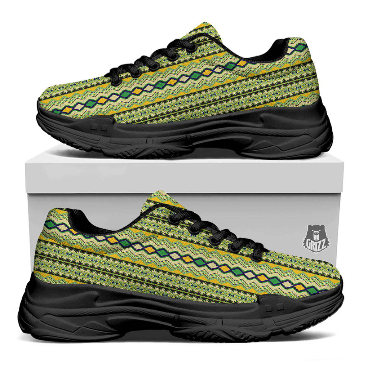 Kente African Print Pattern Black Chunky Shoes-grizzshop