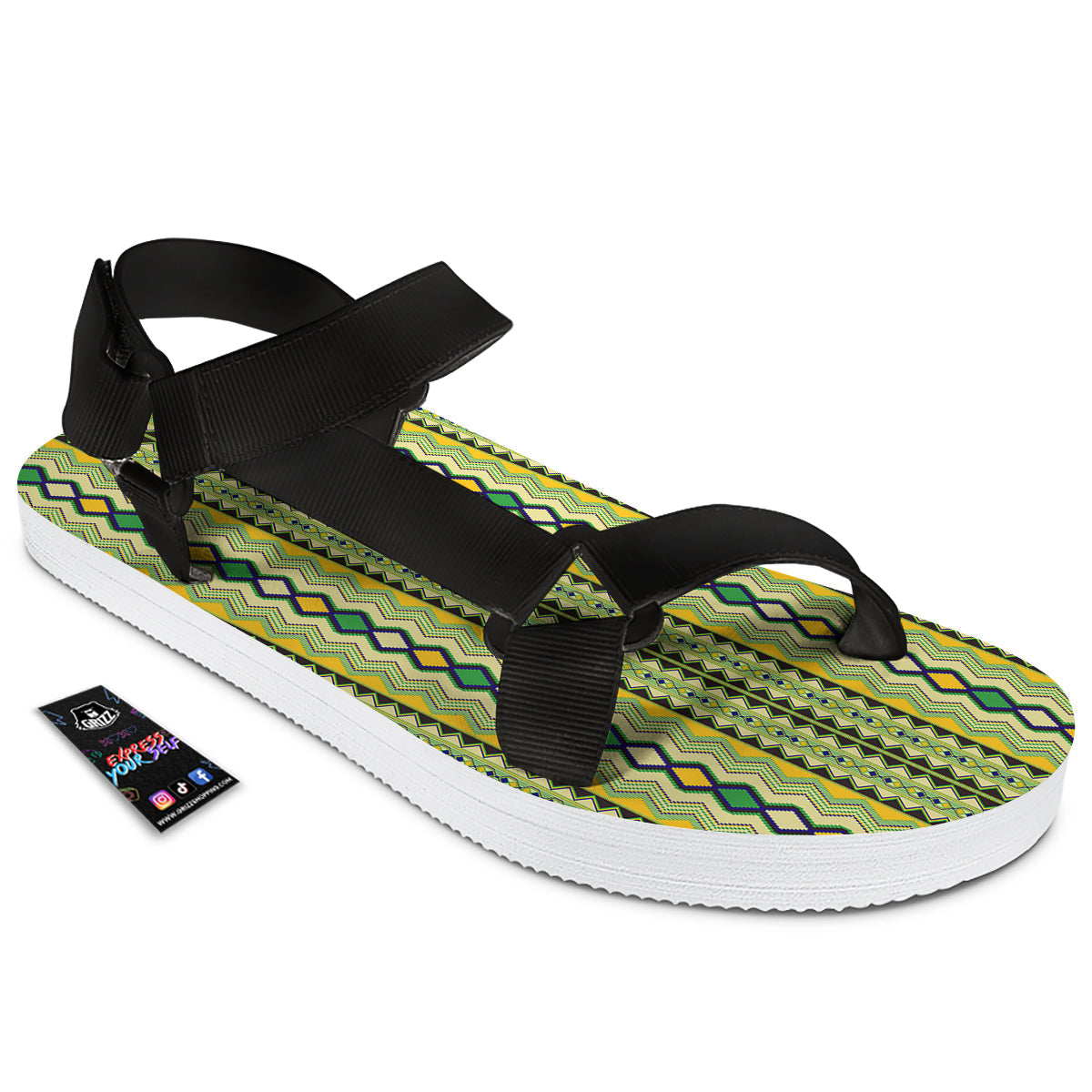 Kente African Print Pattern Black Open Toe Sandals-grizzshop