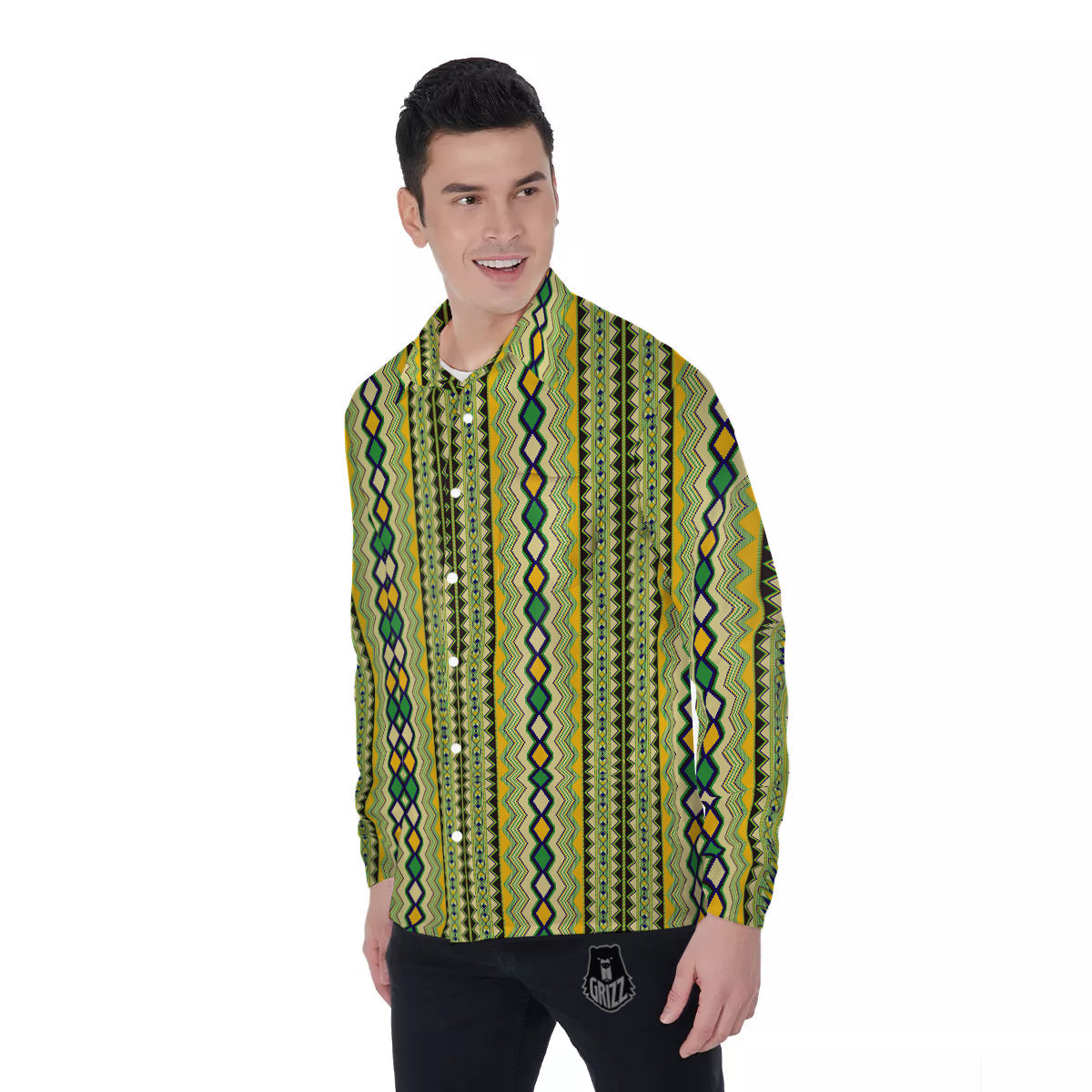 Kente African Print Pattern Men's Long Sleeve Shirts-grizzshop