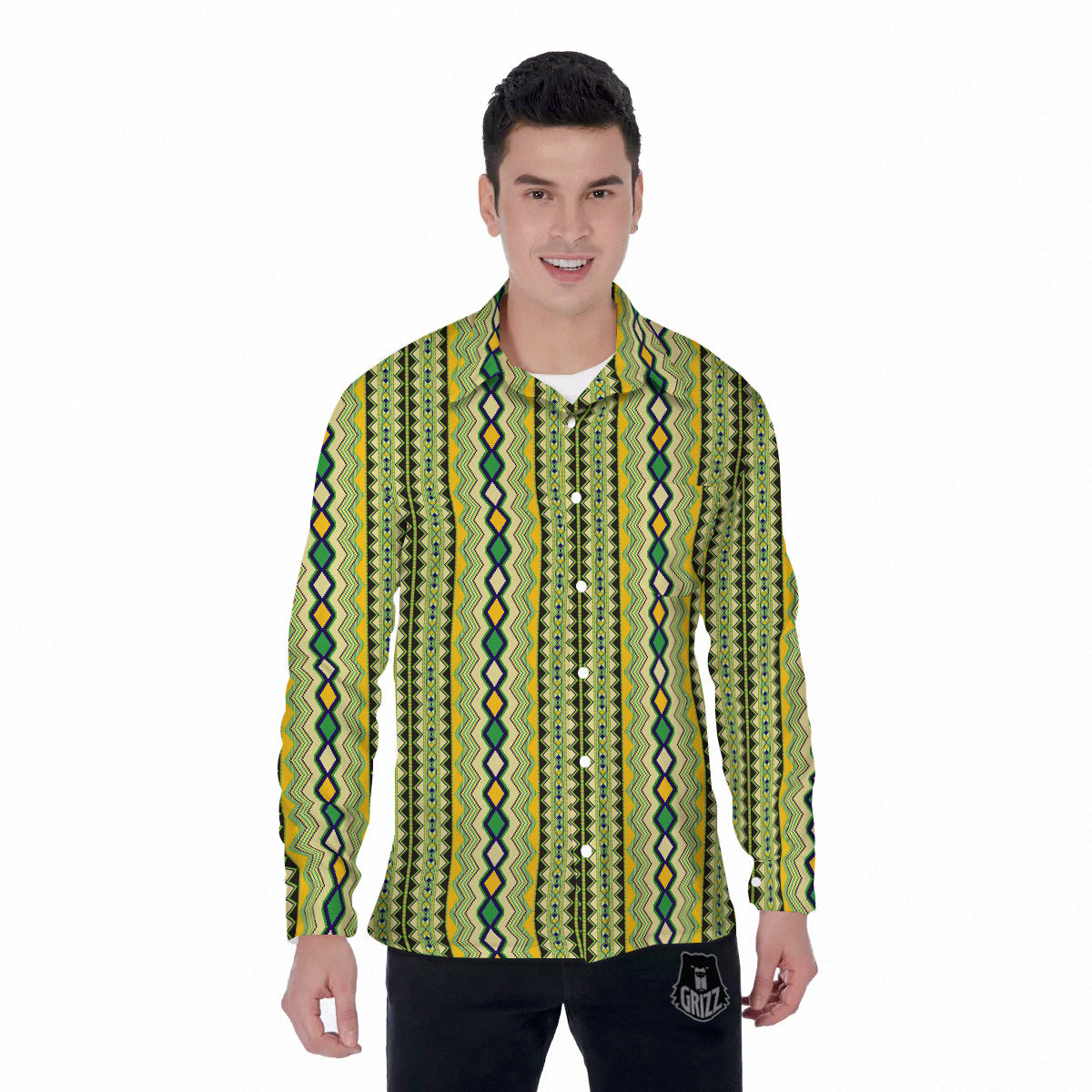 Kente African Print Pattern Men's Long Sleeve Shirts-grizzshop