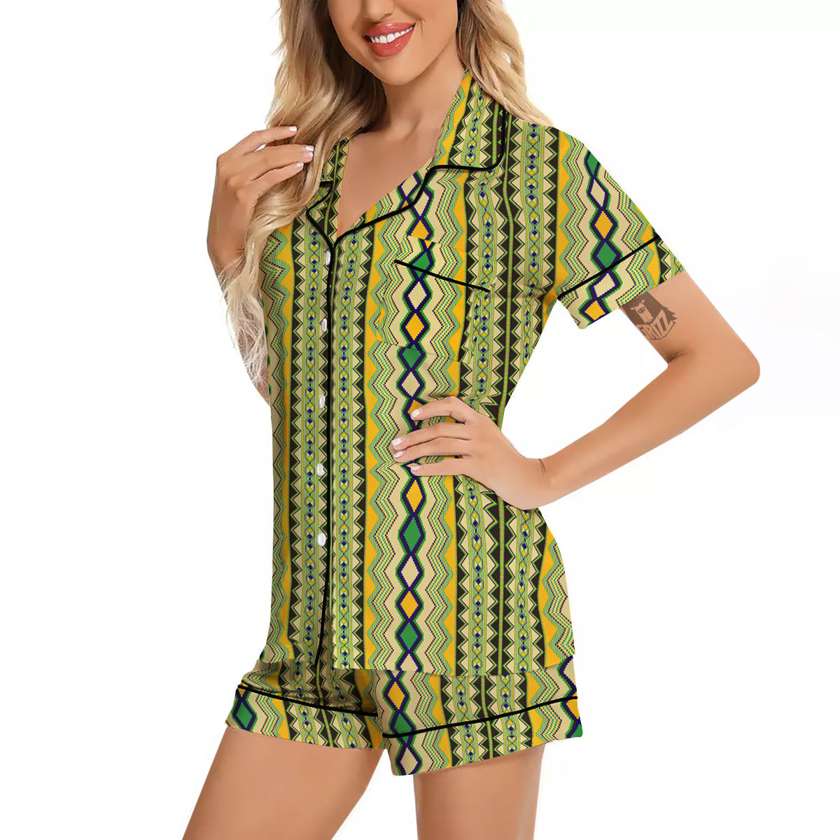 Kente African Print Pattern Women Silk Pajamas-grizzshop