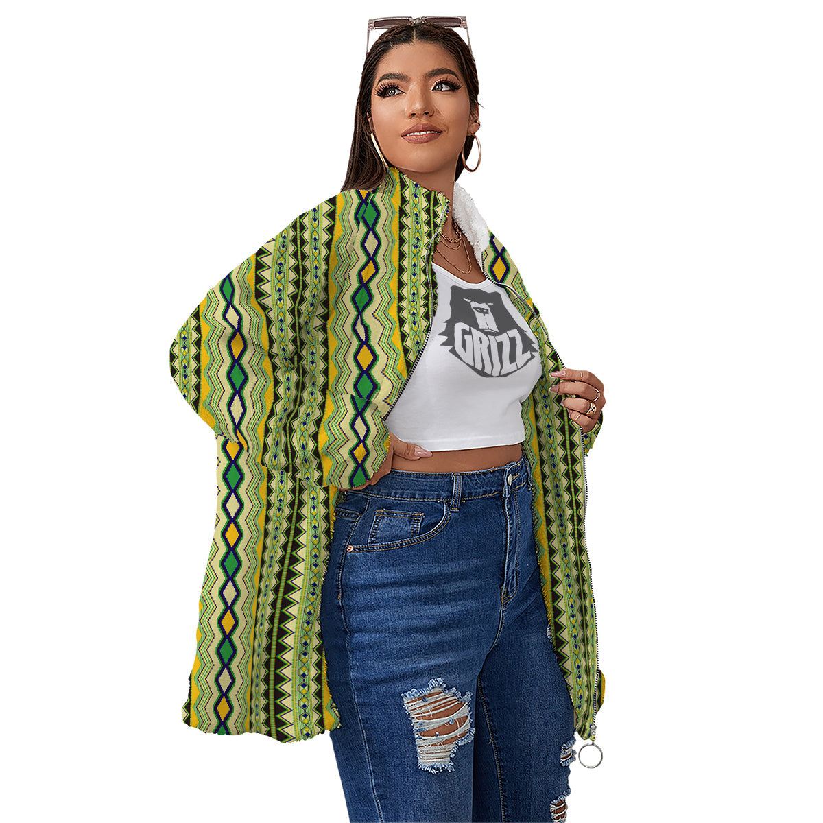 Kente African Print Pattern Women's Sherpa Jacket-grizzshop
