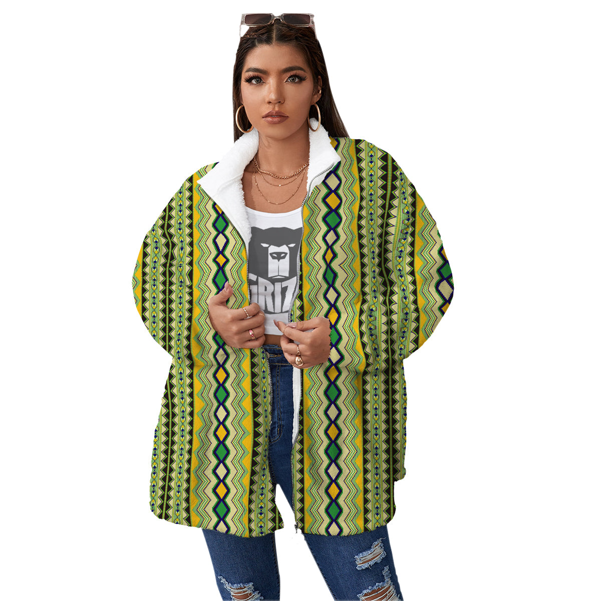 Kente African Print Pattern Women's Sherpa Jacket-grizzshop