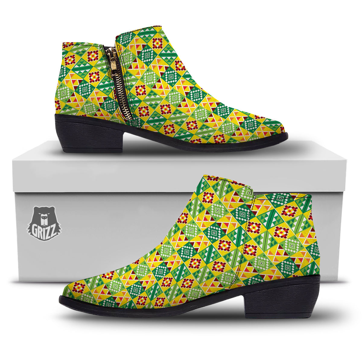 Kente Asante Print Pattern Ankle Boots-grizzshop