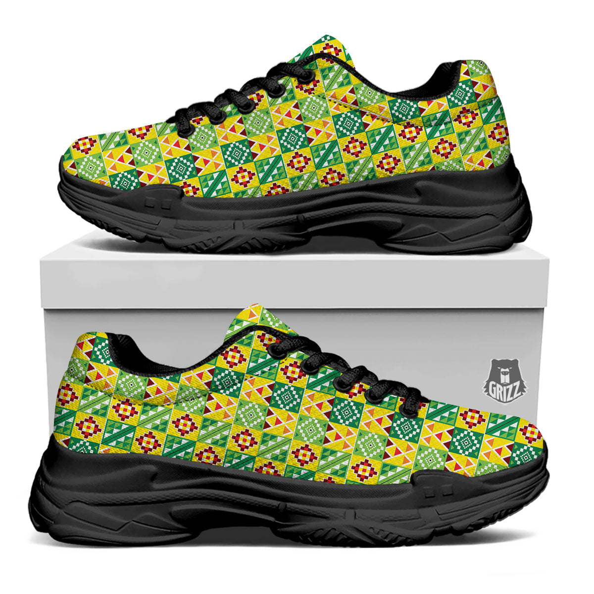 Kente Asante Print Pattern Black Chunky Shoes-grizzshop