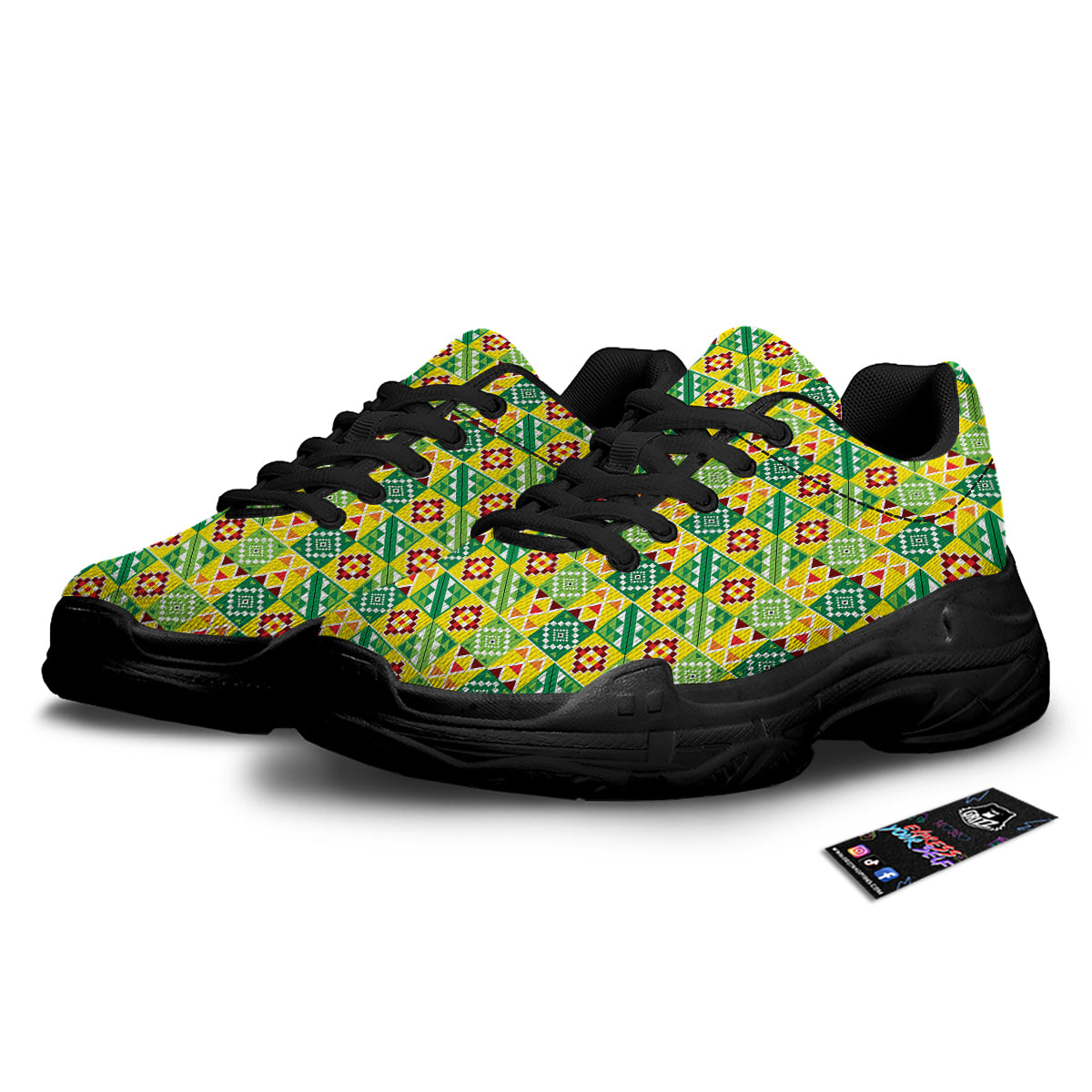 Kente Asante Print Pattern Black Chunky Shoes-grizzshop