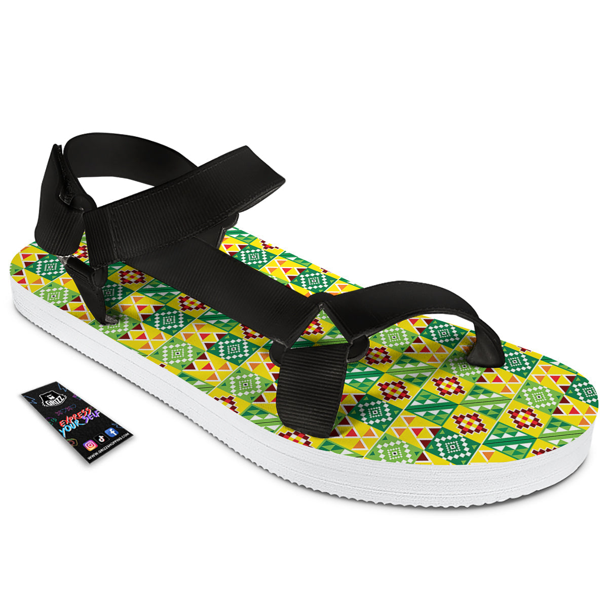Kente Asante Print Pattern Black Open Toe Sandals-grizzshop