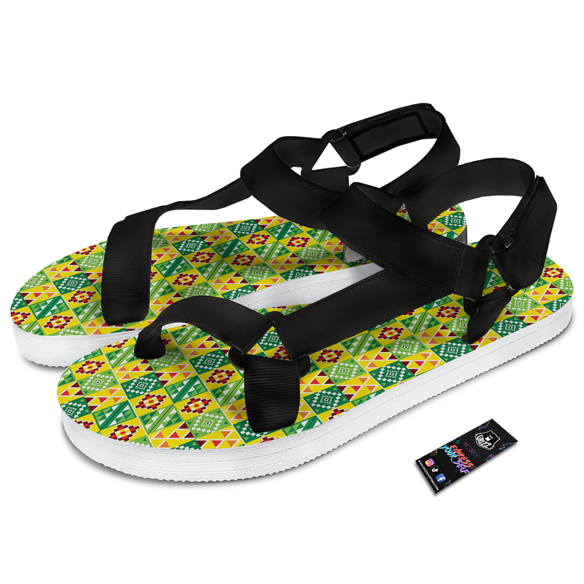 Kente Asante Print Pattern Black Open Toe Sandals-grizzshop