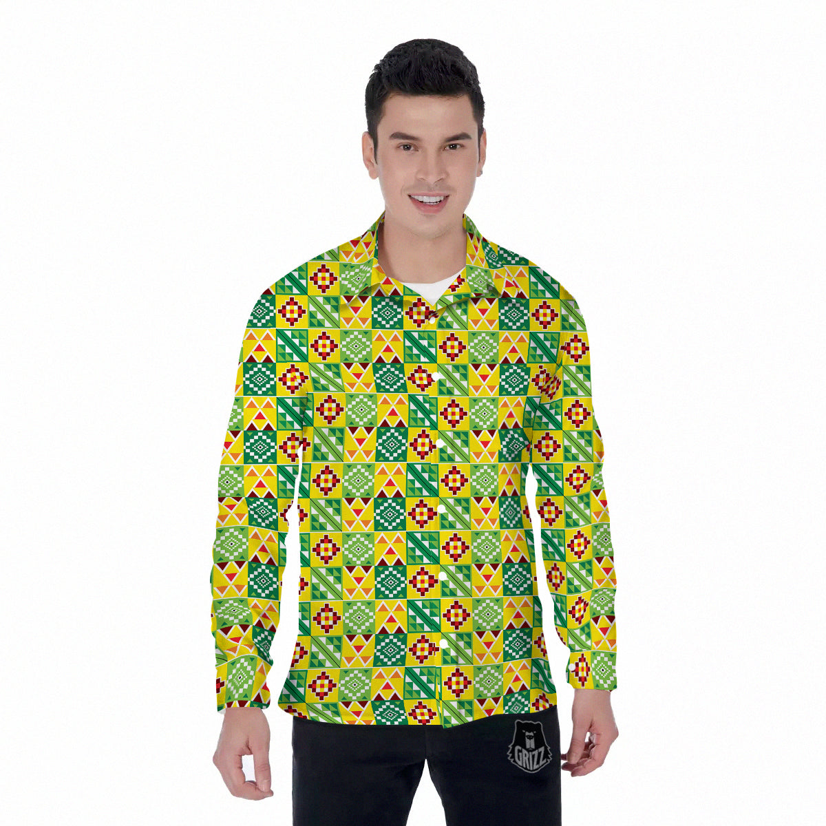 Kente Asante Print Pattern Men's Long Sleeve Shirts-grizzshop