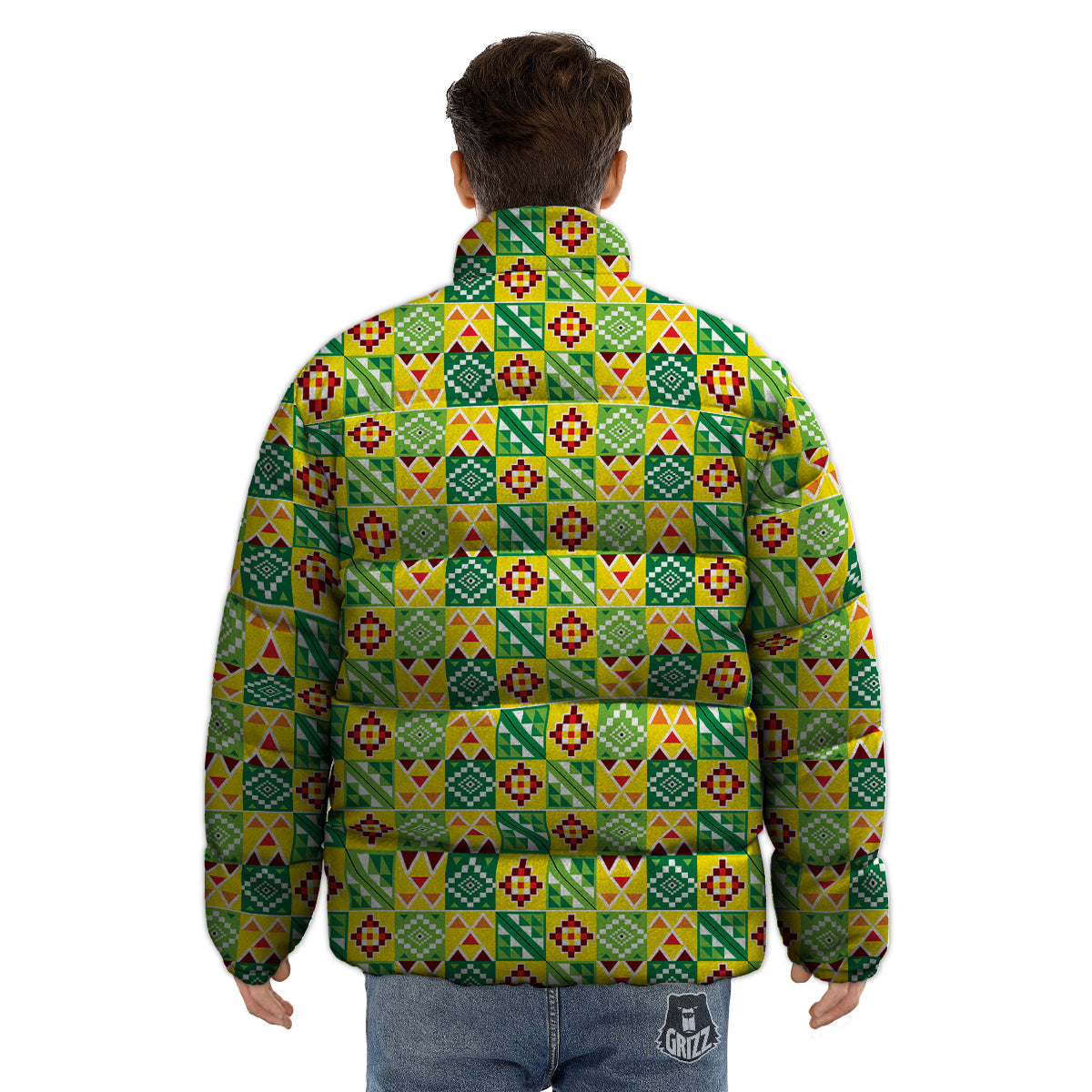 Kente Asante Print Pattern Puffer Jacket-grizzshop