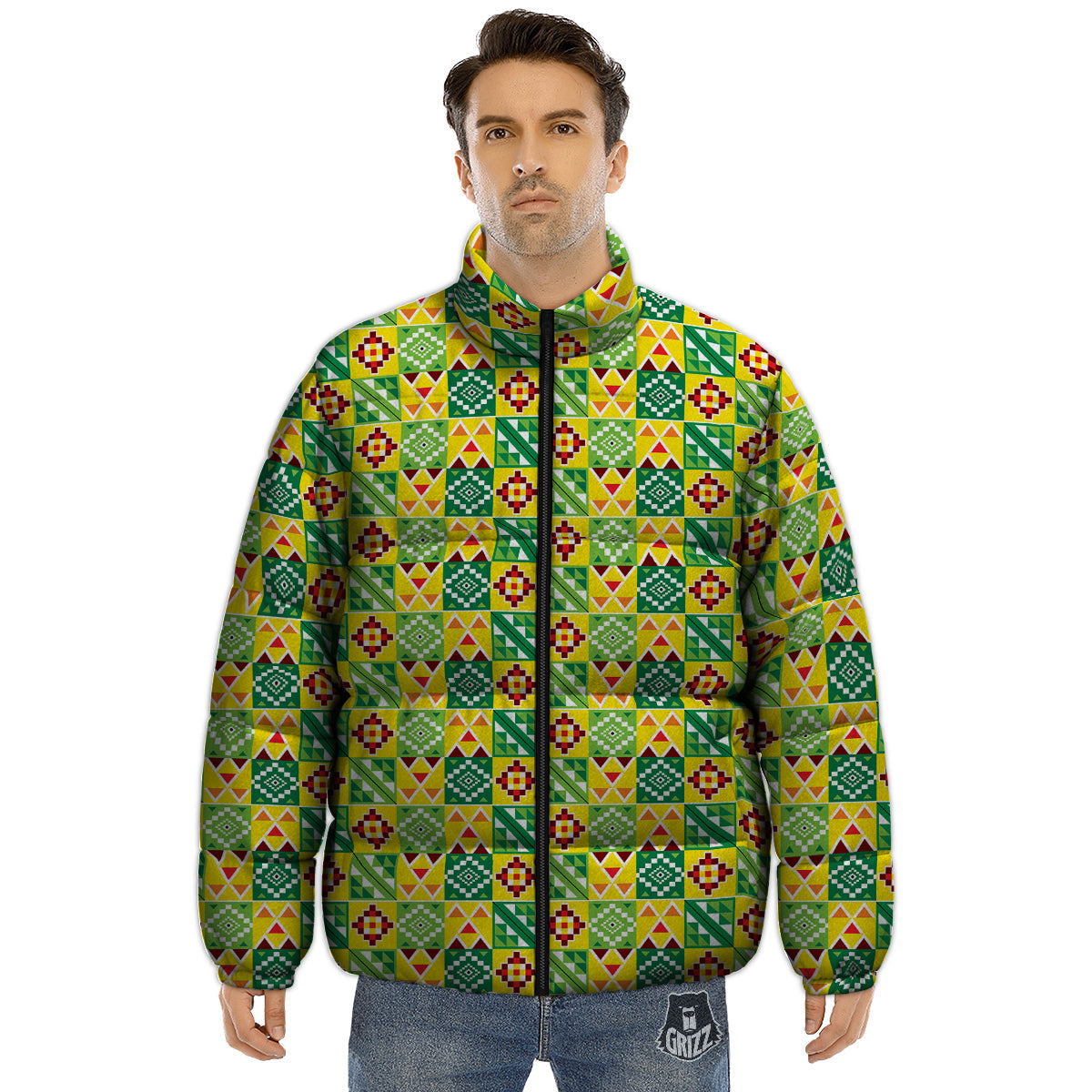 Kente Asante Print Pattern Puffer Jacket-grizzshop