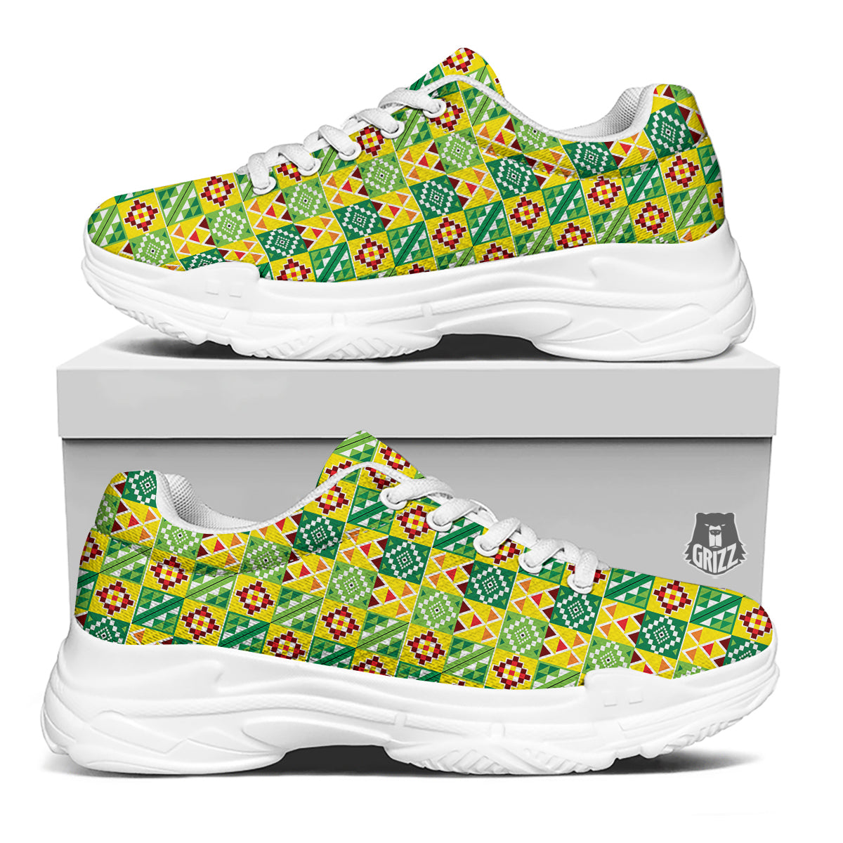 Kente Asante Print Pattern White Chunky Shoes-grizzshop