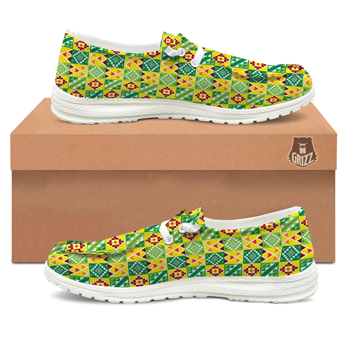 Kente Asante Print Pattern White Loafers-grizzshop