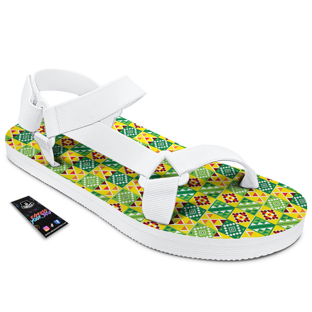 Kente Asante Print Pattern White Open Toe Sandals-grizzshop