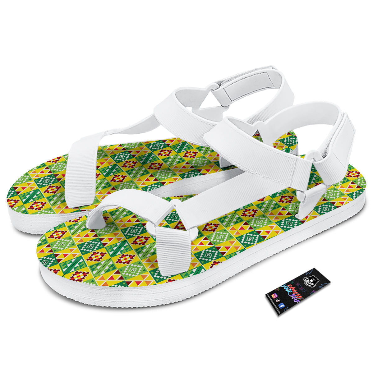 Kente Asante Print Pattern White Open Toe Sandals-grizzshop