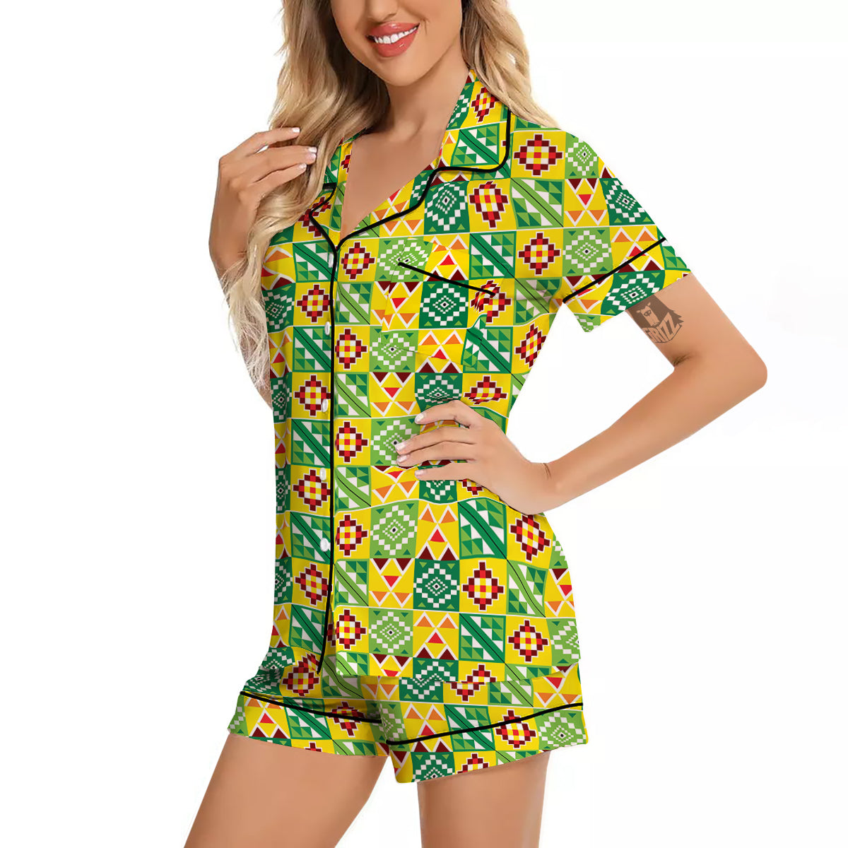 Kente Asante Print Pattern Women Silk Pajamas-grizzshop