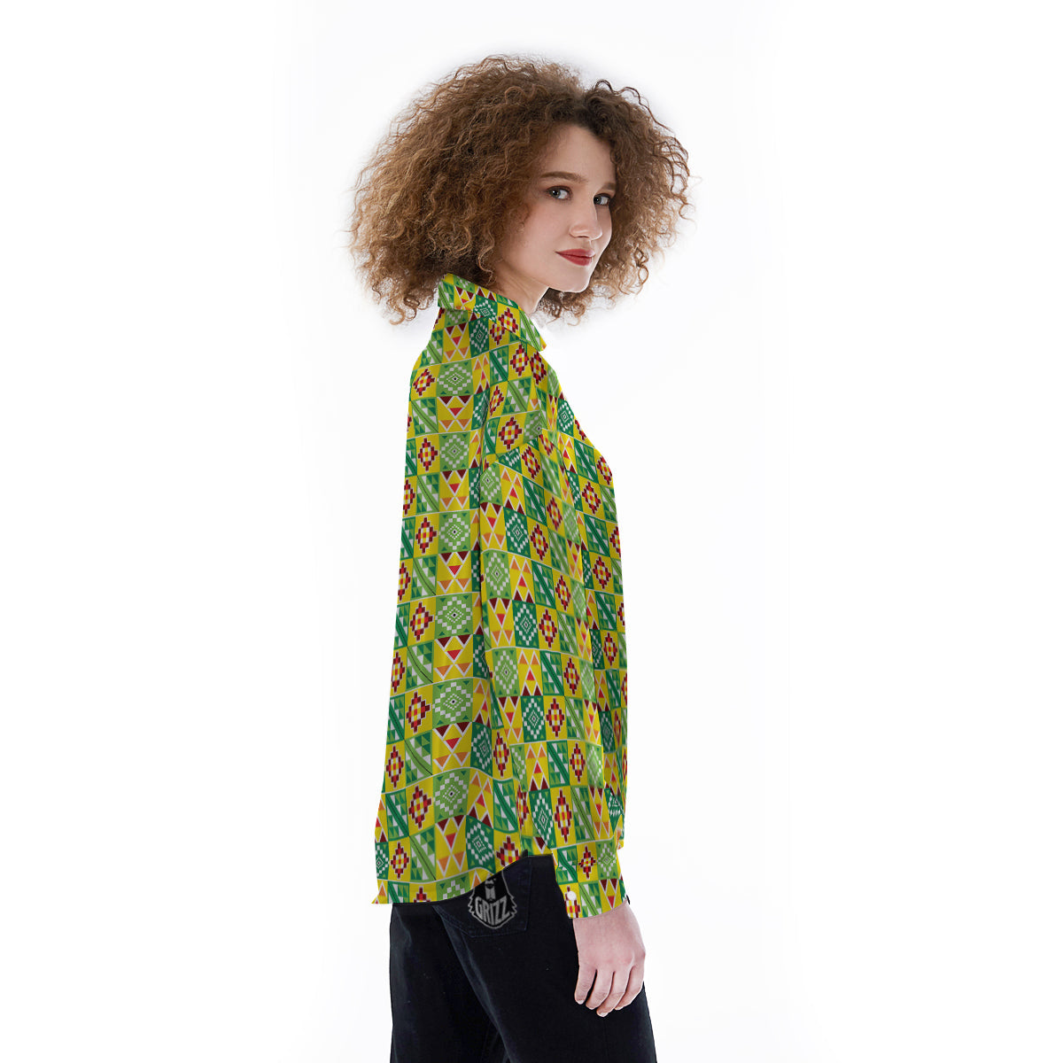 Kente Asante Print Pattern Women's Long Sleeve Shirts-grizzshop