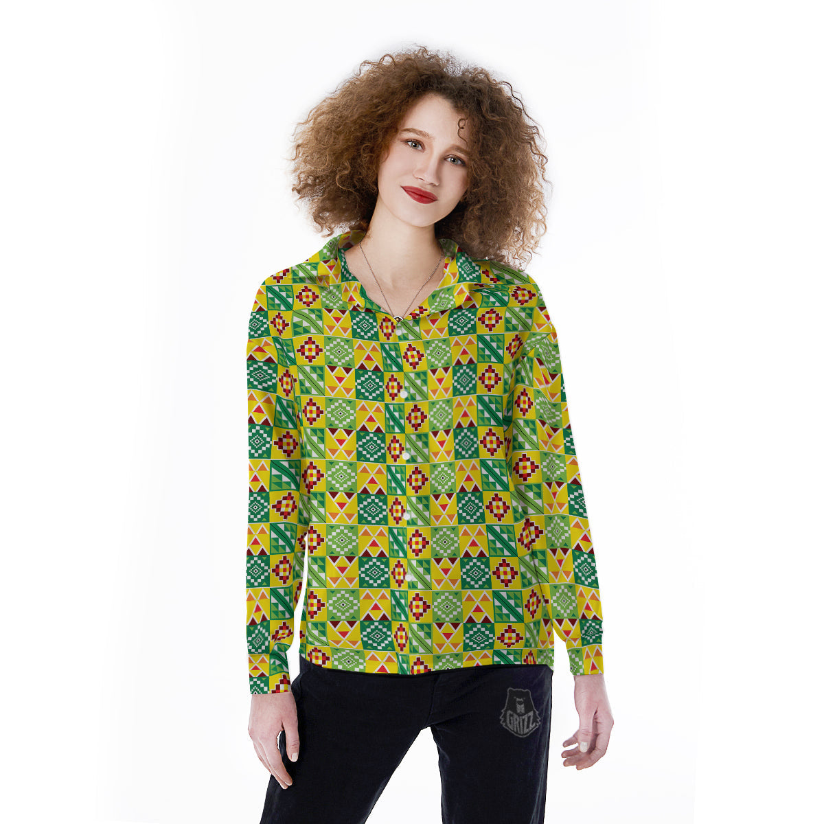 Kente Asante Print Pattern Women's Long Sleeve Shirts-grizzshop