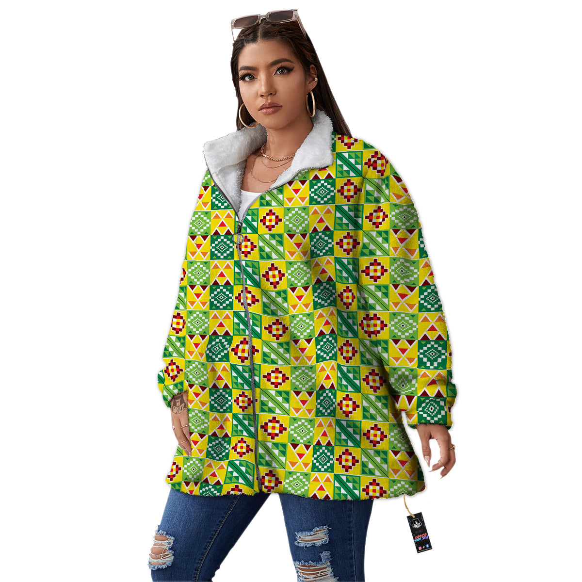 Kente Asante Print Pattern Women's Sherpa Jacket-grizzshop