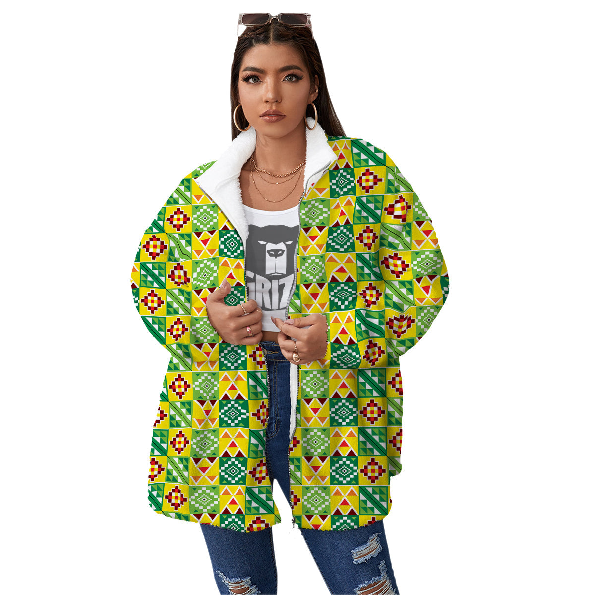 Kente Asante Print Pattern Women's Sherpa Jacket-grizzshop