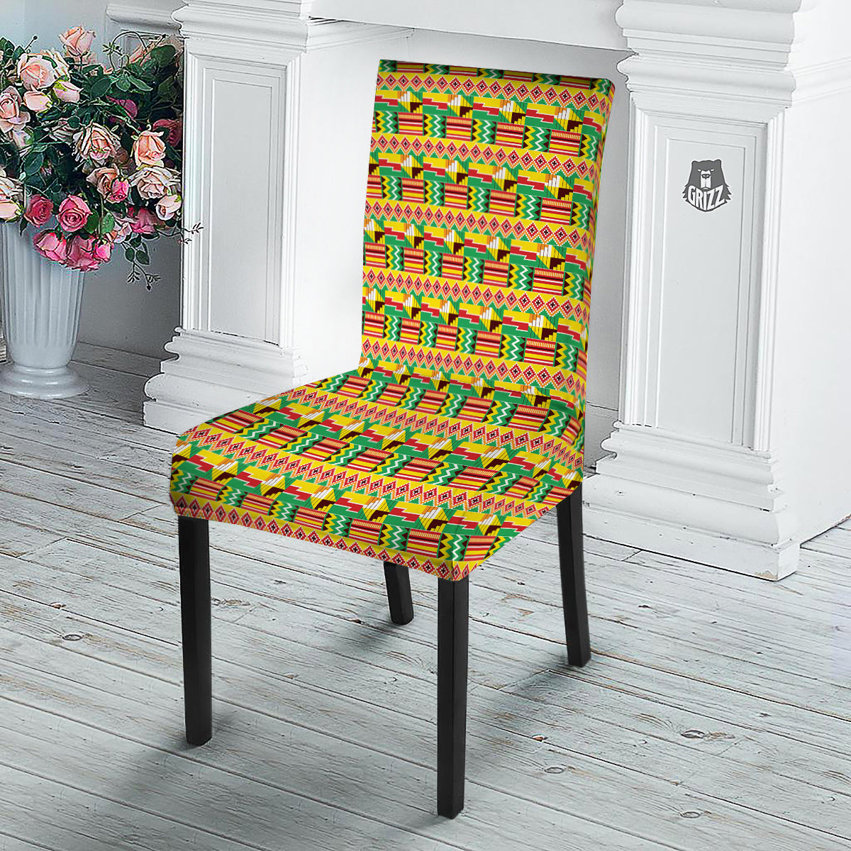 Kente Ashanti Print Pattern Dining Chair Slipcover-grizzshop