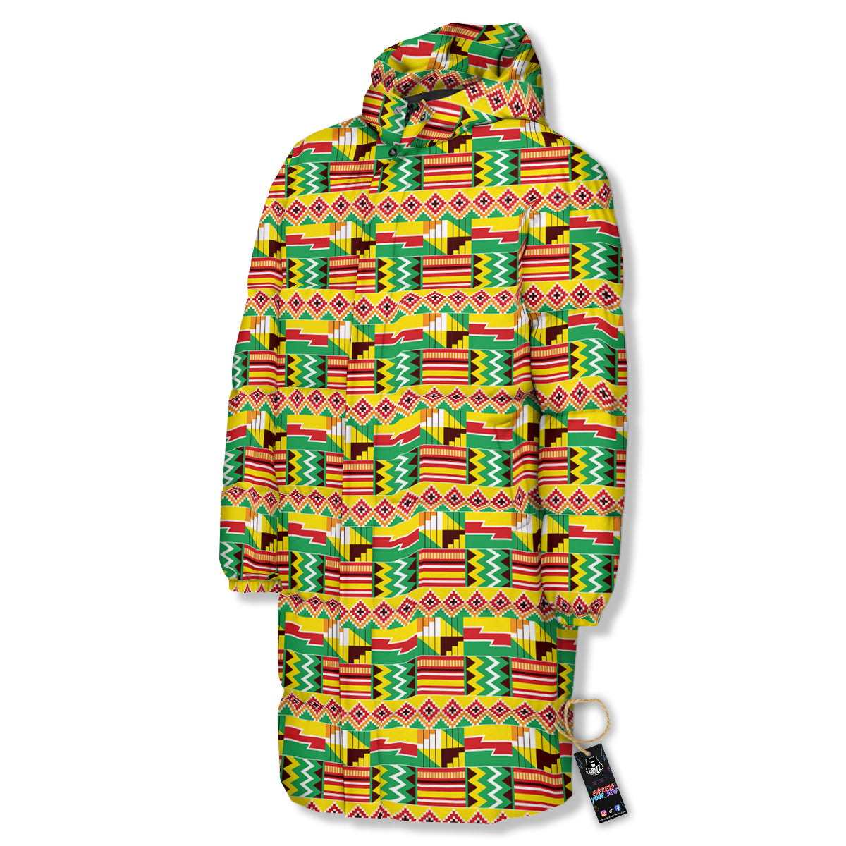 Kente Ashanti Print Pattern Long Down Jacket-grizzshop