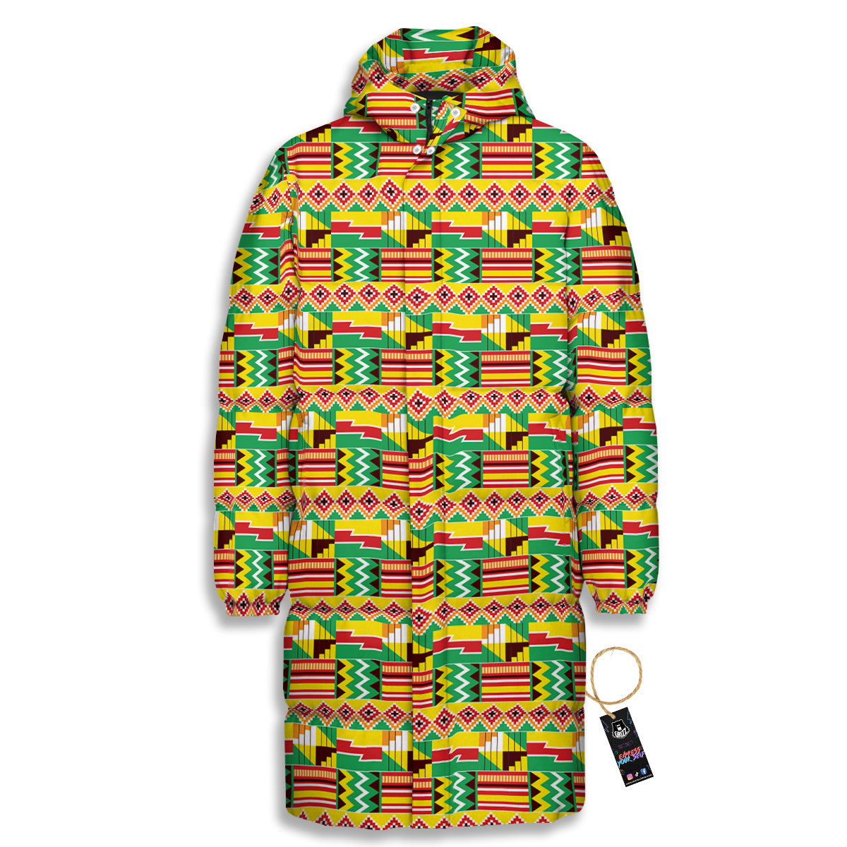 Kente Ashanti Print Pattern Long Down Jacket-grizzshop