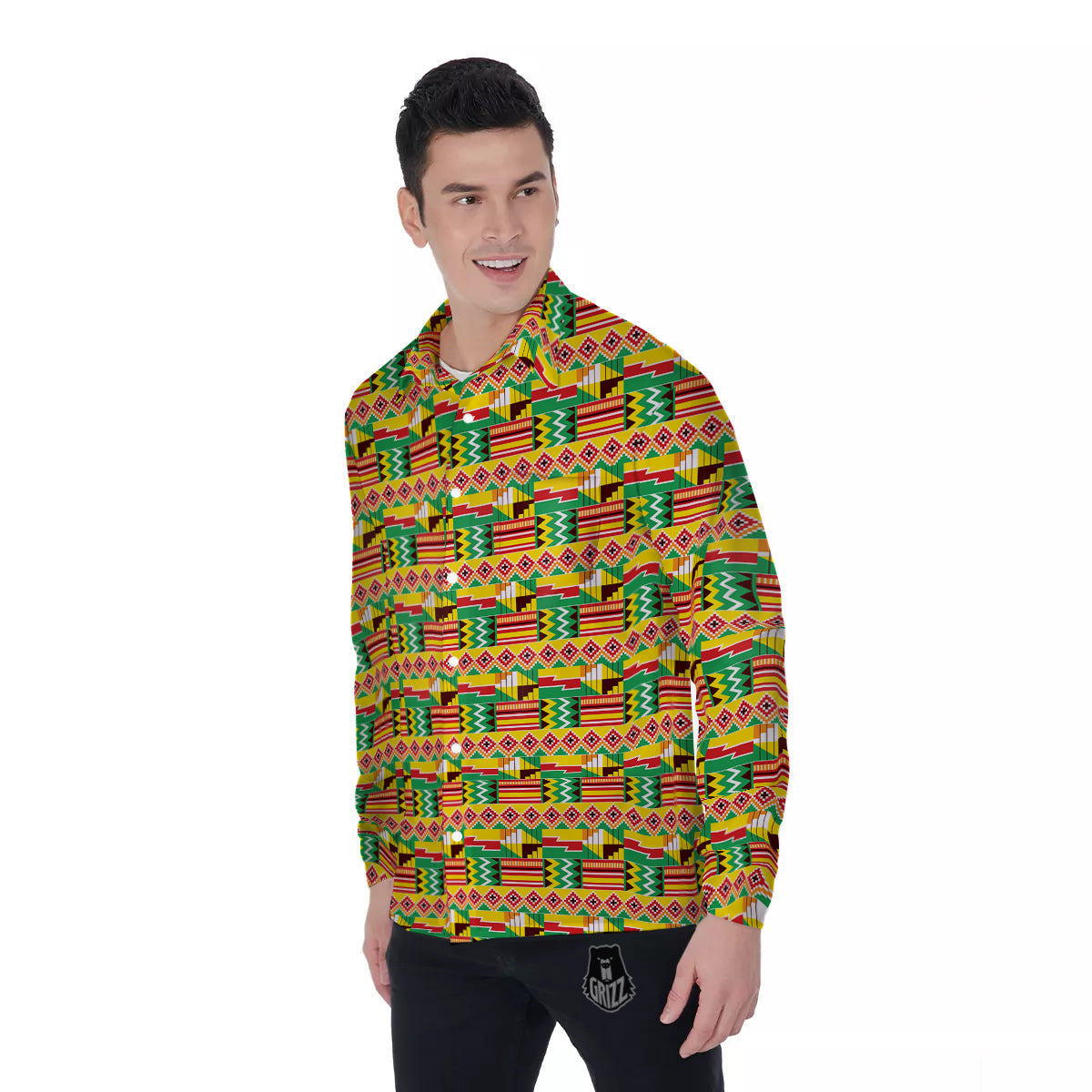 Kente Ashanti Print Pattern Men's Long Sleeve Shirts-grizzshop