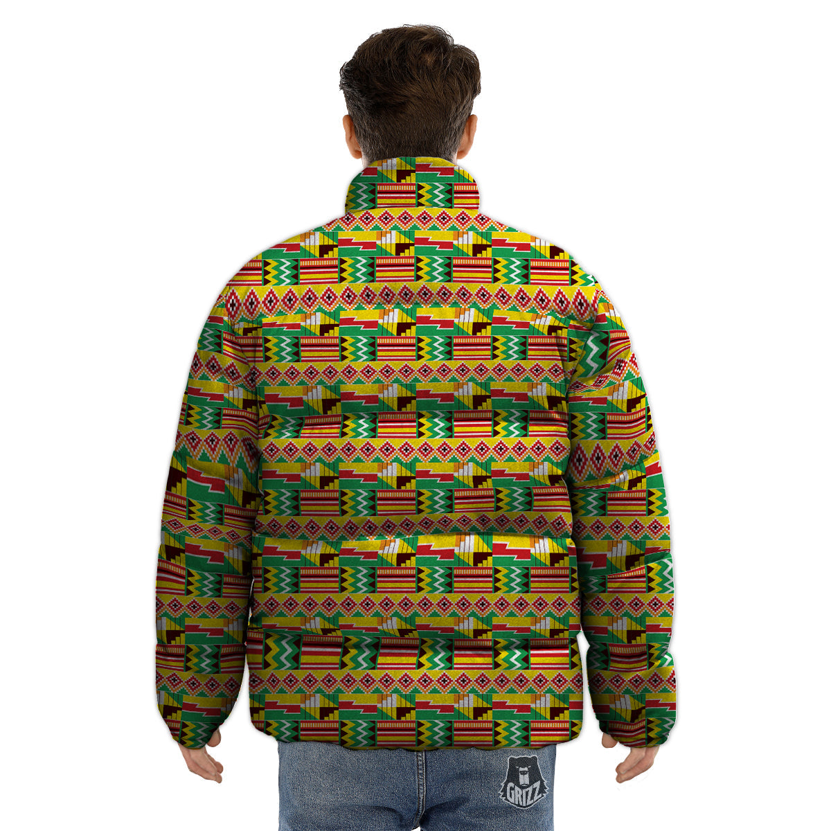 Kente Ashanti Print Pattern Puffer Jacket-grizzshop