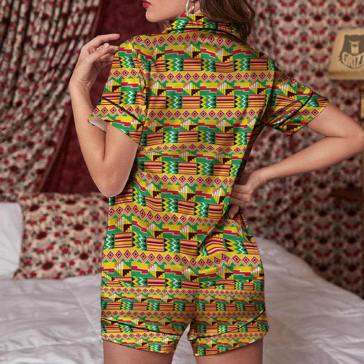 Kente Ashanti Print Pattern Women Silk Pajamas-grizzshop