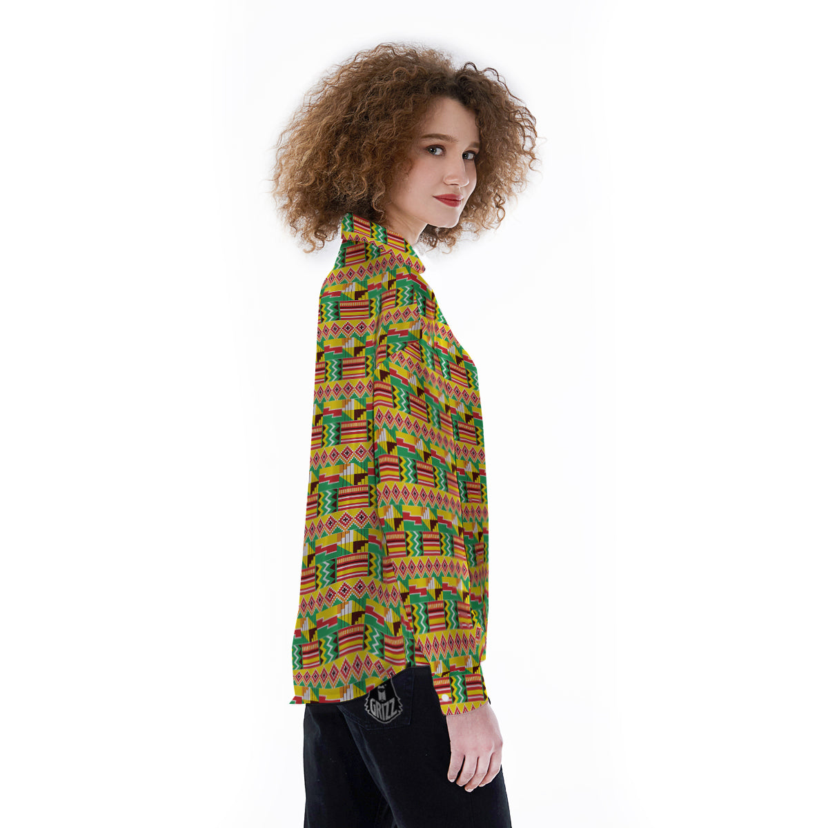 Kente Ashanti Print Pattern Women's Long Sleeve Shirts-grizzshop